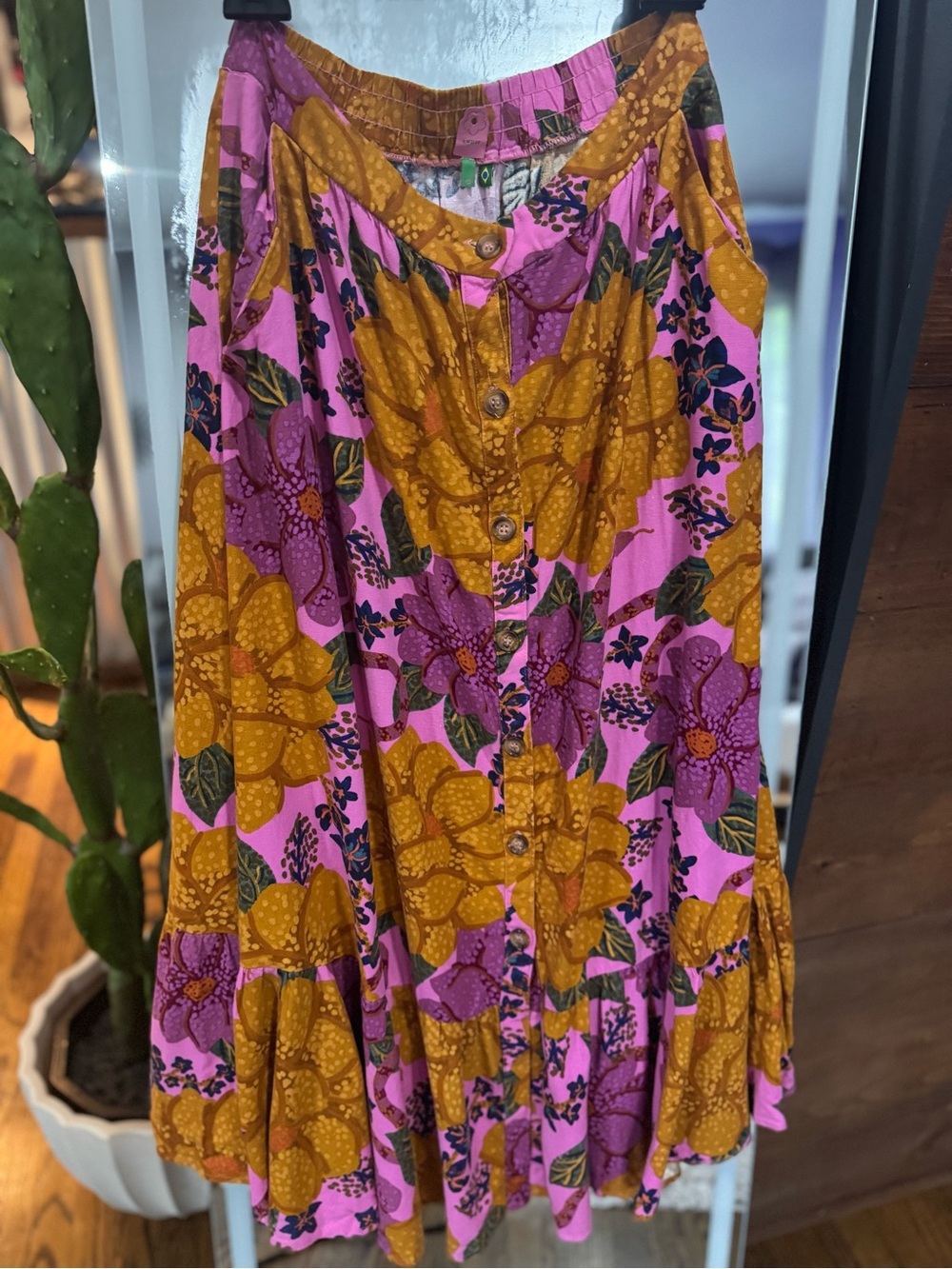 FARM Rio Pink and Mustard Floral Button-Front Maxi Skirt sz l